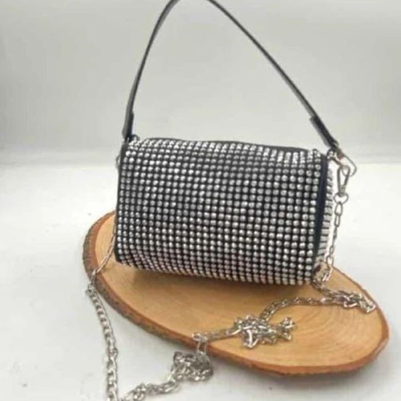 Stone Handled Long Silver Chain Strap Interlining Lined Hand And Shoulder Bag